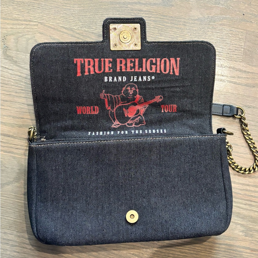 True Religion DENIM BRASS HARDWARE FLAP Mini Shoulder Bag EUC - Picture 4 of 6